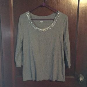 💥Price Drop Style & Co Gray 3/4 Sleeve Top with Rhinestone Neckline Large EUC